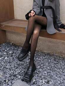 2pcs Thermal Lined Warm Polka Dot Heart Jacquard Faux Translucent Skin-Tone Printed Tights - Multicolor - View 4