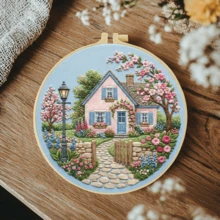 1 st 20*20 cm/7,9*7,9 tum, vackert broderikit med hus och blommor, DIY handgjort broderiset för vuxna nybörjare, hemgåva, sygåva för kvinnor, inkluderar användarmanual, tryckt mönstertyg, broderiram, nål och tråd - Vackra hus och blommor - Visa 5