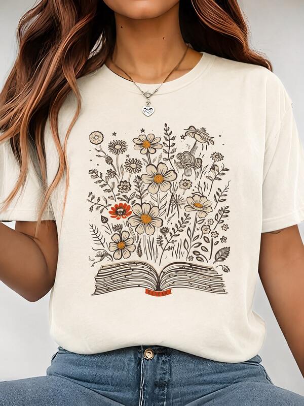 Camiseta para amantes da leitura vintage com estampa de margaridas, gola redonda, ideal para a primavera e o verão. Roupa feminina.