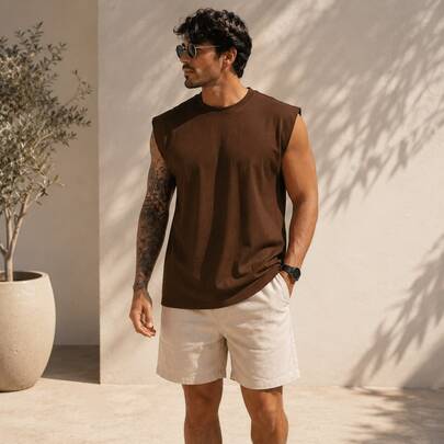 Conjunto Short De Linho E Regata Masculina Casual Premium Moderno
