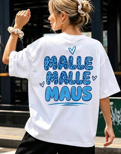 Women's Casual Malle Malle Maus Leopard Print T-Shirt, Embossed Lettering, Sketch Heart Motifs, Playful Festive Style, Short Sleeves, Printed Back.