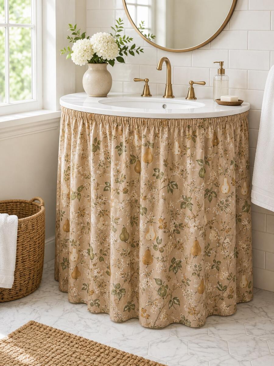 Rok Wastafel Motif Kebun Buah Pir Vintage, Tirai Penutup Meja Rias Kamar Mandi Gaya Rumah Pertanian Krem, Kain Dekorasi Kabinet Bergelombang dengan Pola Bunga Buah untuk Penyimpanan Dapur Kamar Mandi dan Penataan Rumah Musim Gugur - MultiWarna - View 1