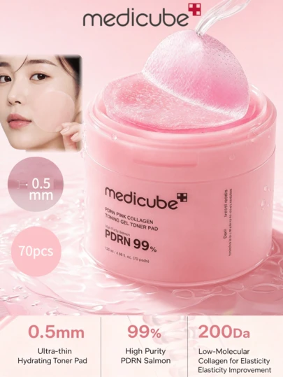 Medicube 120ml(70 piezas) Almohadillas de Tónico de Gel de Colágeno Rosa con ADN de Salmón PDRN, Almohadillas de Tónico de Gel Ultra Delgadas de 0.5mm | Niacinamida, Centella Asiática, Retinol | Calmante, Hidratante, Iluminador, Mejorando el Tono de Piel Desigual | Cuidado de la Piel Coreano |