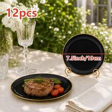 2/12/25/50pcs Set 7.5 Inch Dessert Plates And 10.25 Inch Dinner Plates, Black Gold Rim Plates, Suitable For Weddings, Anniversaries And Celebration Party Tableware - Black - View 11