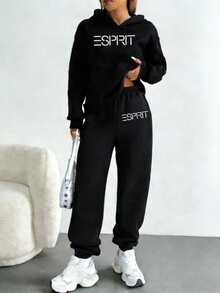 Black 100% Cotton Women's Sports Set, Featuring Ribbed Knit Details, Round Neck, Regular Sleeve Style, Comfortable For Daily Wear - Black - View 3