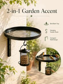 Black Metal Wall-Mounted Bird Bath And Feeder Combo, Outdoor Hanging Bird Water Dish With Hook, Suitable For Garden And Yard - A - View 4