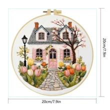 1 st 20*20 cm/7,9*7,9 tum, vackert broderikit med hus och blommor, DIY handgjort broderiset för vuxna nybörjare, hemgåva, sygåva för kvinnor, inkluderar användarmanual, tryckt mönstertyg, broderiram, nål och tråd - Vackra hus och blommor - Visa 4