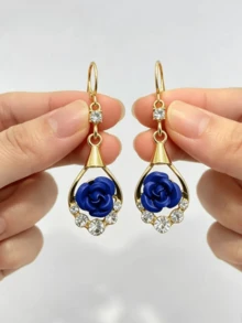 1 Pair Blue Rose Rhinestone Earrings, Fashionable Luxury Elegant Earrings, Versatile Delicate Niche Earrings - Blue - View 7