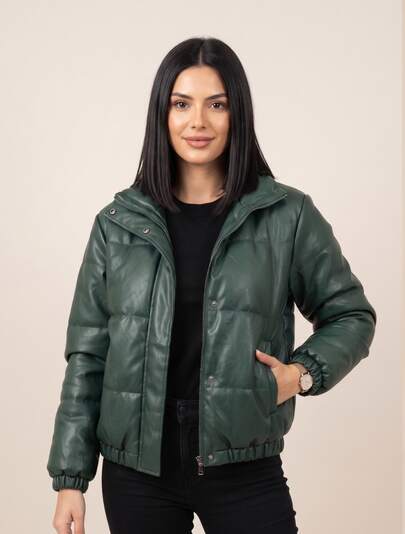 Jaqueta Puffer Feminina em Couro com Gola Alta e Bolsos Inverno