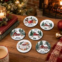 6pcs Christmas Element Pattern Printed Diatom Mud Coasters, Christmas Holiday, Can Be Used As Christmas Gifts, Christmas Decorations, Absorbent Beverage Coasters, Coffee Cup Coasters, Mug Coasters, Tea Cup Coasters, Desktop Protection Pads, Suitable For Dining Table, Coffee Table, Bar Counter And Office Desk Decoration - Multicolor - View 4