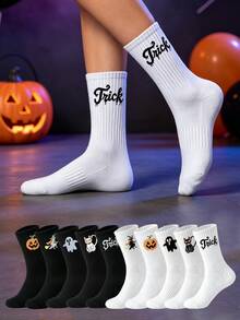 1/5/10 Pairs Men's Halloween Themed Crew Socks, Ghost Pumpkin Witch Black Cat Pattern Ribbed Casual Mid-Calf Socks, Fun Holiday Party Socks Suitable For Daily Wear - Multicolor - View 1