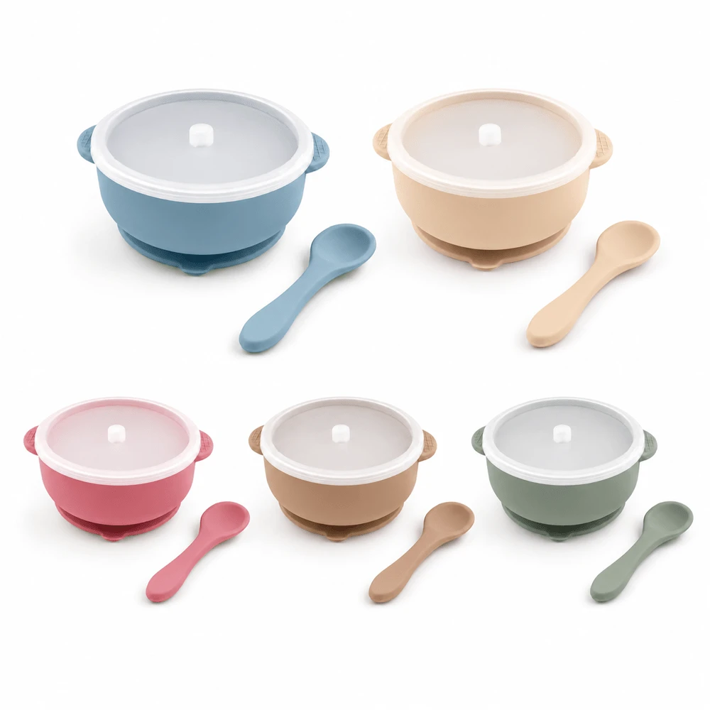Vajilla de silicona para bebé, cuenco de alimentación para bebés con tapa y cuchara suave de silicona - Multicolor - Ver 1