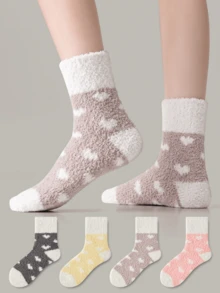 ZUJO 2 Pairs Women's Coral Fleece Mid-Calf Socks, Candy Color, Heart Pattern, Suitable For Autumn/Winter, Home Warm Floor Socks, Random Color - Multicolor - View 2