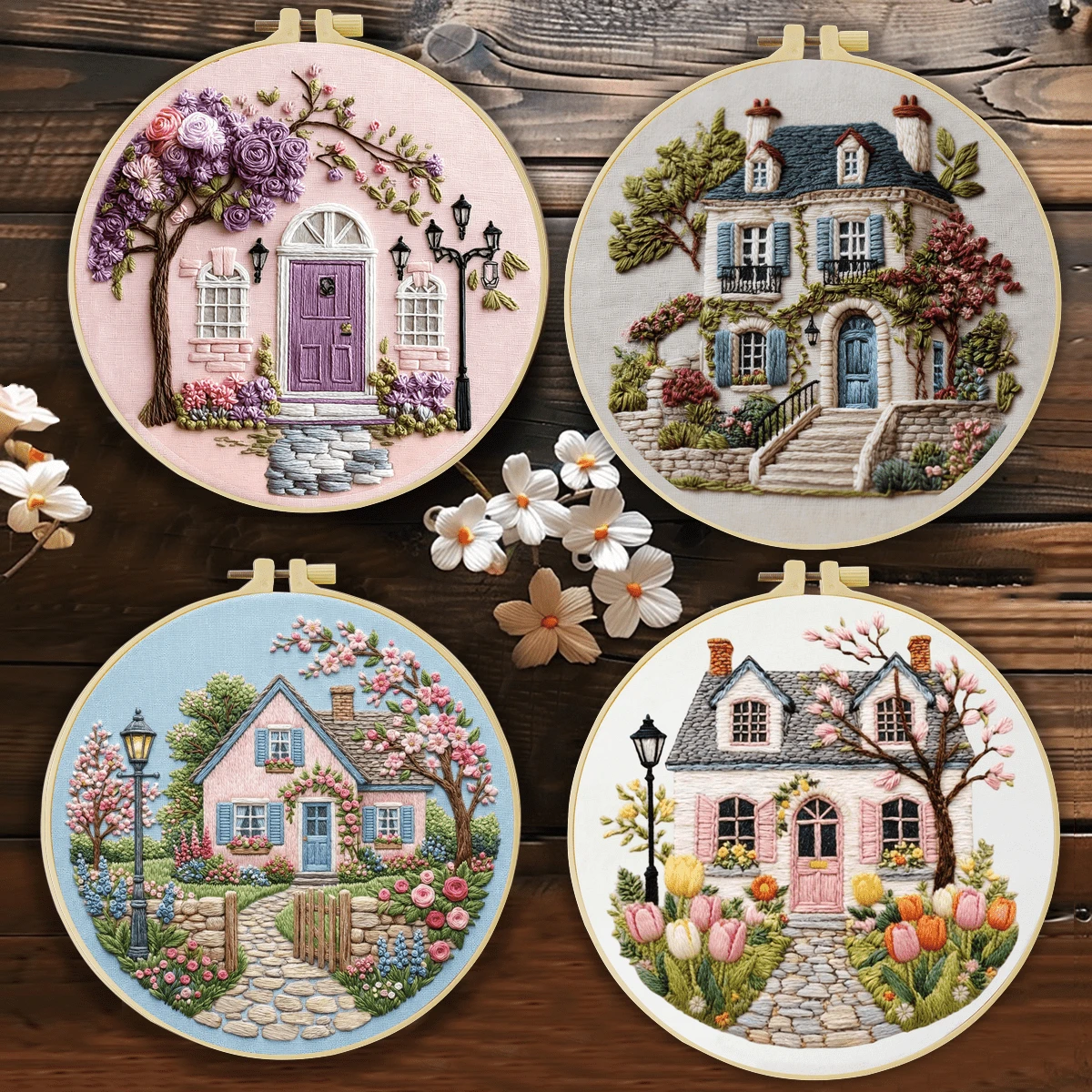 1 st 20*20 cm/7,9*7,9 tum, vackert broderikit med hus och blommor, DIY handgjort broderiset för vuxna nybörjare, hemgåva, sygåva för kvinnor, inkluderar användarmanual, tryckt mönstertyg, broderiram, nål och tråd