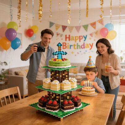 Three-Tier Pixel Art Cupcake Stand Easy-To-Assemble Cardboard Dessert Tower Retro Game And Anime Decoration Perfect For Birthdays And Baby Parties.