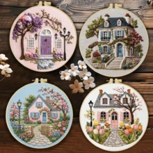 1 st 20*20 cm/7,9*7,9 tum, vackert broderikit med hus och blommor, DIY handgjort broderiset för vuxna nybörjare, hemgåva, sygåva för kvinnor, inkluderar användarmanual, tryckt mönstertyg, broderiram, nål och tråd - Vackra hus och blommor - Visa 13