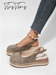 Bohemian Style Woven Closed Toe Sandals For Women, Vintage Rivet Hemp Rope Thick Sole Back Buckle Casual Beach Shoes - Khaki - View 1
