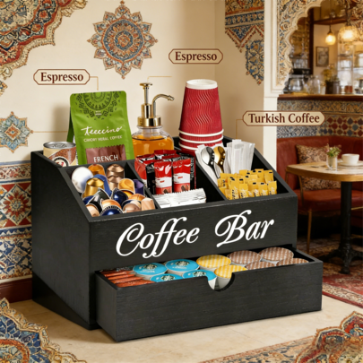 Manovix Farmhouse Wooden Storage Box, Coffee Station Organizer With Drawer, Multi-Layer Countertop Coffee Pod Storage Basket For Coffee Machine, Kitchen Bar Tea Condiment & Accessory Holder, Christmas Housewarming Gift For Coffee & Tea Lovers Back To School