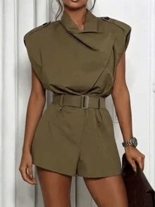 Jumpsuit ngắn nữ màu trơn vải dệt không tay, thiết kế có thắt lưng và dây đeo vai, kiểu áo sơ mi casual phong cách Boho cho mùa hè - xanh quân đội - Xem 2