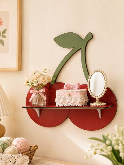 1 pieza Estantería para pared Decoración de habitación linda Rojo y verde Estantería de pared con forma de doble cereza para dormitorio Estante de exhibición montado con repisa de almacenamiento para tocador de dormitorio coquette Guardería Dormitorios Cocina Cafeterías Organizador de espacios pequeños Acento del hogar con tema de frutas