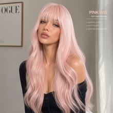 26 Inch Long Straight Wig With Bangs For Women, Heat Resistant Synthetic Full Head Wig, Pastel Pink / Dark Tea / Cool Brown Natural Wig For Daily Wear, Cosplay & Party - Baby Pink - View 4