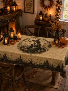 Halloween Tablecloth, Gothic Witch Tablecloth With Magic Cauldron, Witch Hat, Black Cat, Pumpkin, Bat, Moon And Haunted Castle Pattern, Vintage Autumn Dining Room Decor, Suitable For Kitchen, Party Gathering, Indoor And Outdoor Use - M - View 3