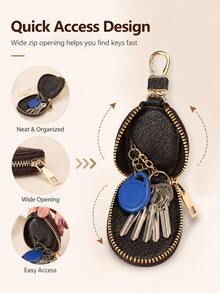 Compact Genuine Leather Key Pouch With Zipper And Hook, Durable And Stylish Leather Car Key Ring Protective Case, 360° Full Protection, With Safety Chain To Prevent Keys From Scratching Phone - Multicolor - View 9
