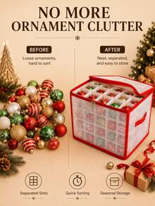 Christmas Ornament Storage Box, Foldable Transparent Bauble Container With Dividers, Dual Zipper Holiday Decoration Organizer With Carry Handle, Snowflake Print Cube Storage Case For Christmas Balls & Seasonal Decor - Multicolor - View 3