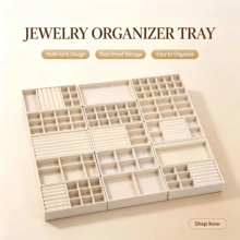 Multi-Grid Velvet Jewelry Storage Tray Set, Stackable Desktop Display Organizer For Rings, Earrings, Necklaces & Bracelets, Dustproof Vanity Cosmetic Storage Box,Space-Saving Dresser Bedroom Dorm Organizer, Perfect Daily Storage & Holiday Gift Choice - Beige - View 2