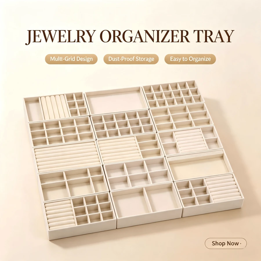 Set Baki Penyimpanan Perhiasan Beludru Multi-Kisi, Organizer Meja yang Dapat Ditumpuk untuk Cincin, Anting, Kalung & Gelang, Kotak Penyimpanan Kosmetik Anti Debu, Organizer Hemat Ruang untuk Meja Rias, Kamar Tidur, dan Asrama, Pilihan Sempurna untuk Penyimpanan Sehari-hari & Hadiah Liburan - Krem - View 1