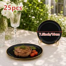 2/12/25/50pcs Set 7.5 Inch Dessert Plates And 10.25 Inch Dinner Plates, Black Gold Rim Plates, Suitable For Weddings, Anniversaries And Celebration Party Tableware - Black - View 16
