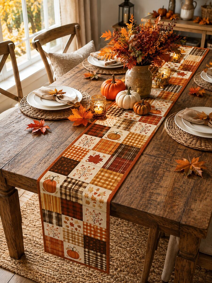 1pc-Autumn Table Runner 72 Inch, Pumpkin Maple Leaf Patchwork Table Runner With Rustic Plaid Pattern, Thanksgiving Linen Look Table Decor, Farmhouse Fall Dining Table Decoration, Cozy Harvest Home Party Centerpiece - Multicolor - View 1