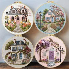 1 st 20*20 cm/7,9*7,9 tum, vackert broderikit med hus och blommor, DIY handgjort broderiset för vuxna nybörjare, hemgåva, sygåva för kvinnor, inkluderar användarmanual, tryckt mönstertyg, broderiram, nål och tråd - Vackra hus och blommor - Visa 3