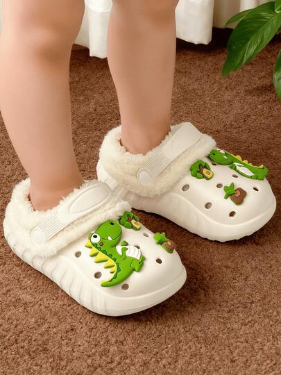 HAHABOBO Winter New Kids Cute 3D Dinosaur Decor EVA Hole Cotton Shoes, Fleece-Lined Warm Casual Slip-Ons For Boys And Girls, Christmas Gift