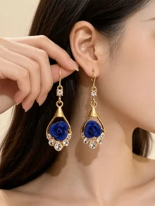1 Pair Blue Rose Rhinestone Earrings, Fashionable Luxury Elegant Earrings, Versatile Delicate Niche Earrings - Blue - View 4