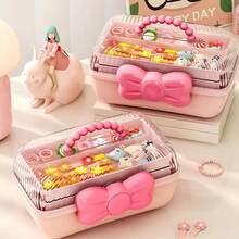 Large Capacity Portable Makeup Organizer Box With 3-Tier Trays, Transparent Dustproof Lid, Bow Handle And Multiple Compartments For Cosmetics, Nail Polish And Makeup Tools, Pink - Multicolor - View 1