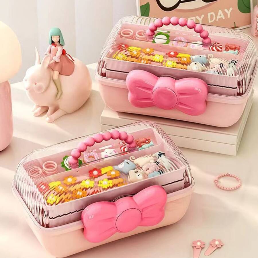 Large Capacity Portable Makeup Organizer Box With 3-Tier Trays, Transparent Dustproof Lid, Bow Handle And Multiple Compartments For Cosmetics, Nail Polish And Makeup Tools, Pink - Multicolor - View 1
