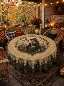 Halloween Tablecloth, Gothic Witch Tablecloth With Magic Cauldron, Witch Hat, Black Cat, Pumpkin, Bat, Moon And Haunted Castle Pattern, Vintage Autumn Dining Room Decor, Suitable For Kitchen, Party Gathering, Indoor And Outdoor Use - M - View 6