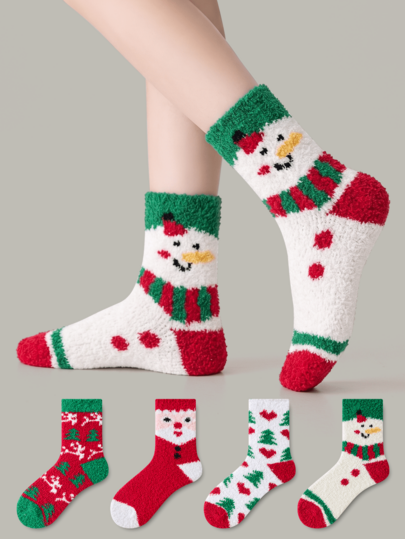 ZUJO 2 Pairs Women's Coral Fleece Christmas Mid-Calf Socks, Christmas Tree, Santa Claus, Snowman Patterns, Suitable For Autumn/Winter Wear, Suitable For 5-15℃, Random Color