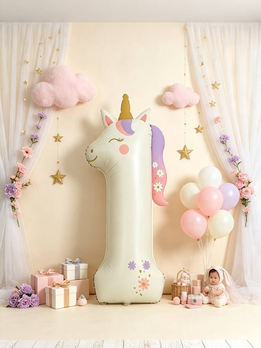 40英吋乳白色獨角獸大數字鋁箔氣球,兒童嬰兒生日派對主題裝飾氣球 - 彩色 - 查看 1