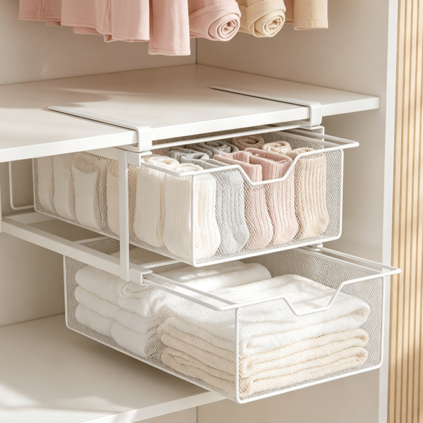 Zweistöckige Schubladen-Kleiderschrank-Aufbewahrungsbox Eisenwaren Kleiderschrank Hänge Kleidung Socken Organizer Rack Divider Werkzeug - Kein Bohren erforderlich, Mehrfachfach-Aufbewahrungskörbe für Unterwäsche, Socken, Krawatten & Zubehör - Robustes Eisen, Platzsparendes Design, Fachgeordnete Aufbewahrung|Schrank-Organizer