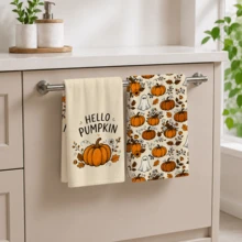 2pcs, Autumn Halloween Theme Towels, Single-Sided Print, Rectangular, Cartoon Pumpkin 2D Design, Soft And Comfortable, Durable, Odorless, Suitable For Bathroom, Kitchen, Beach And Pool - Multicolor - View 8