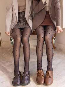 2pcs Thermal Lined Warm Polka Dot Heart Jacquard Faux Translucent Skin-Tone Printed Tights - Multicolor - View 2
