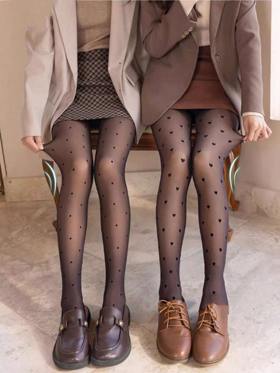 2pcs Thermal Lined Warm Polka Dot Heart Jacquard Faux Translucent Skin-Tone Printed Tights - Multicolor - View 1