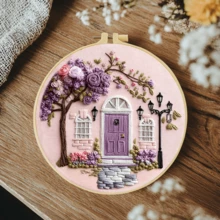 1 st 20*20 cm/7,9*7,9 tum, vackert broderikit med hus och blommor, DIY handgjort broderiset för vuxna nybörjare, hemgåva, sygåva för kvinnor, inkluderar användarmanual, tryckt mönstertyg, broderiram, nål och tråd - Vackra hus och blommor - Visa 15