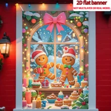 1pc 2D Flat Christmas Theme Banner Background, Window Scene Gingerbread ...