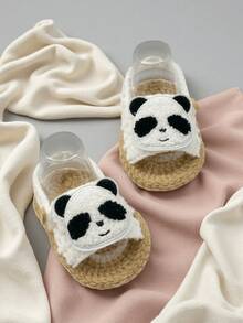 1 Pair Handmade Crochet Infant Sandals With Panda Applique, Infant Shoes, White And Khiki - White - View 4