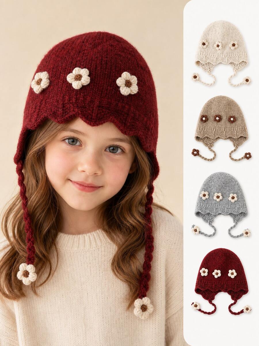 1pc Girls' Autumn/Winter 3D Floral Knitted Earflap Hat, Fashionable Warm Woolen Beanie With Tie - Multicolor - View 1