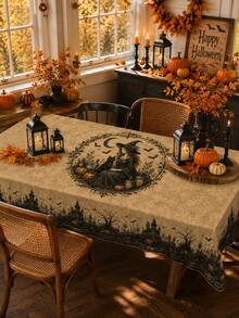 Halloween Tablecloth, Gothic Witch Tablecloth With Magic Cauldron, Witch Hat, Black Cat, Pumpkin, Bat, Moon And Haunted Castle Pattern, Vintage Autumn Dining Room Decor, Suitable For Kitchen, Party Gathering, Indoor And Outdoor Use - M - View 9