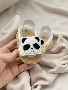 1 Pair Handmade Crochet Infant Sandals With Panda Applique, Infant Shoes, White And Khiki - White - View 2
